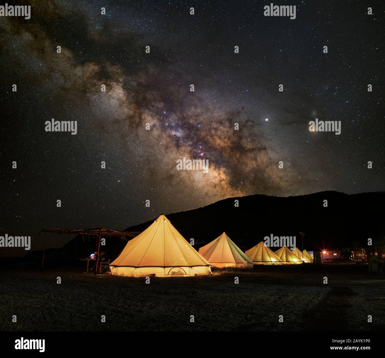 The milkyway galaxy in a camping site, Chalkidiki, Greece Stock Photo