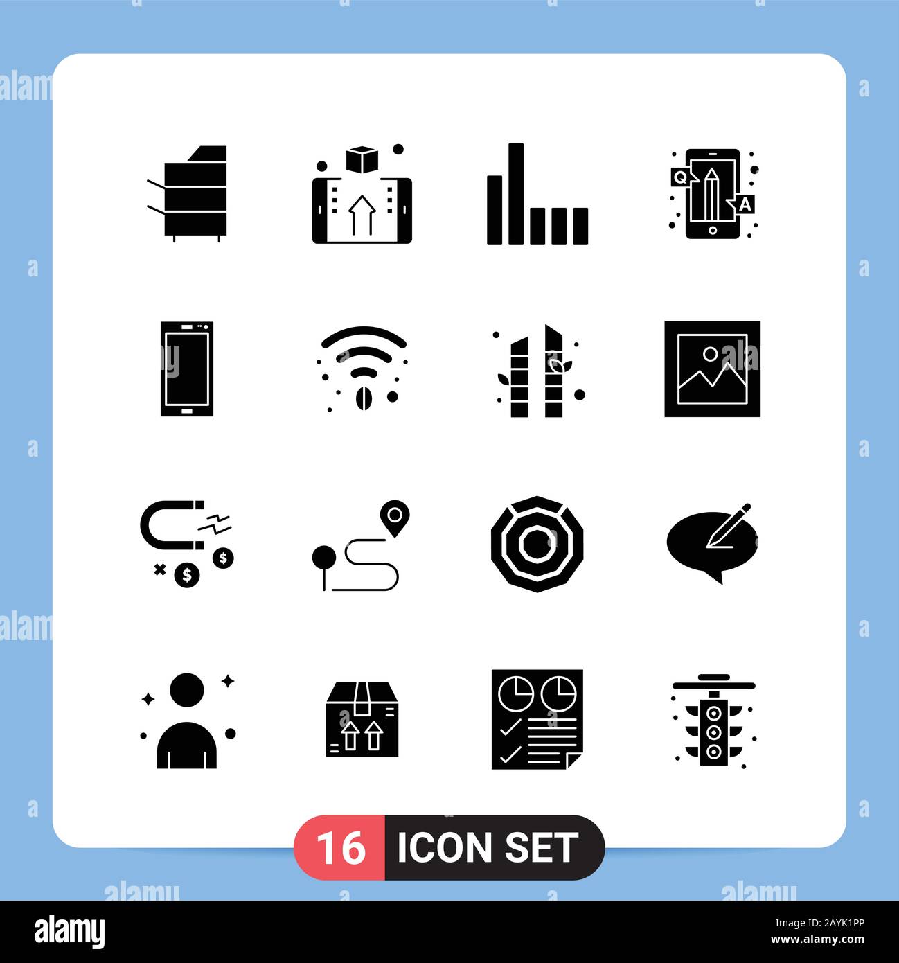 16 Solid Black Icon Pack Glyph Symbols for Mobile Apps isolated on