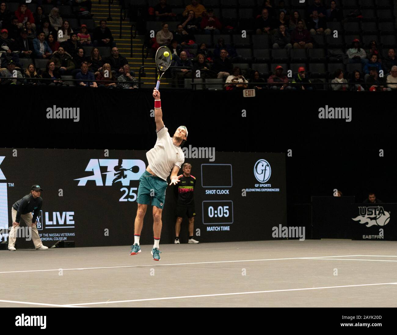 Hempstead, NY - February 15, 2020: Andreas Seppi of Italy serves during  semifinal match against Jason Jung