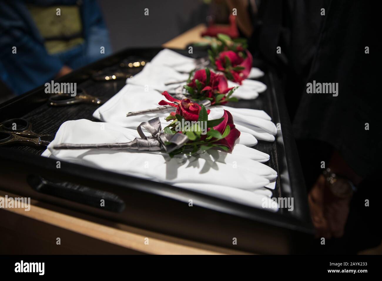Roses atop white formal gloves at ribbon cutting ceremony Stock Photo