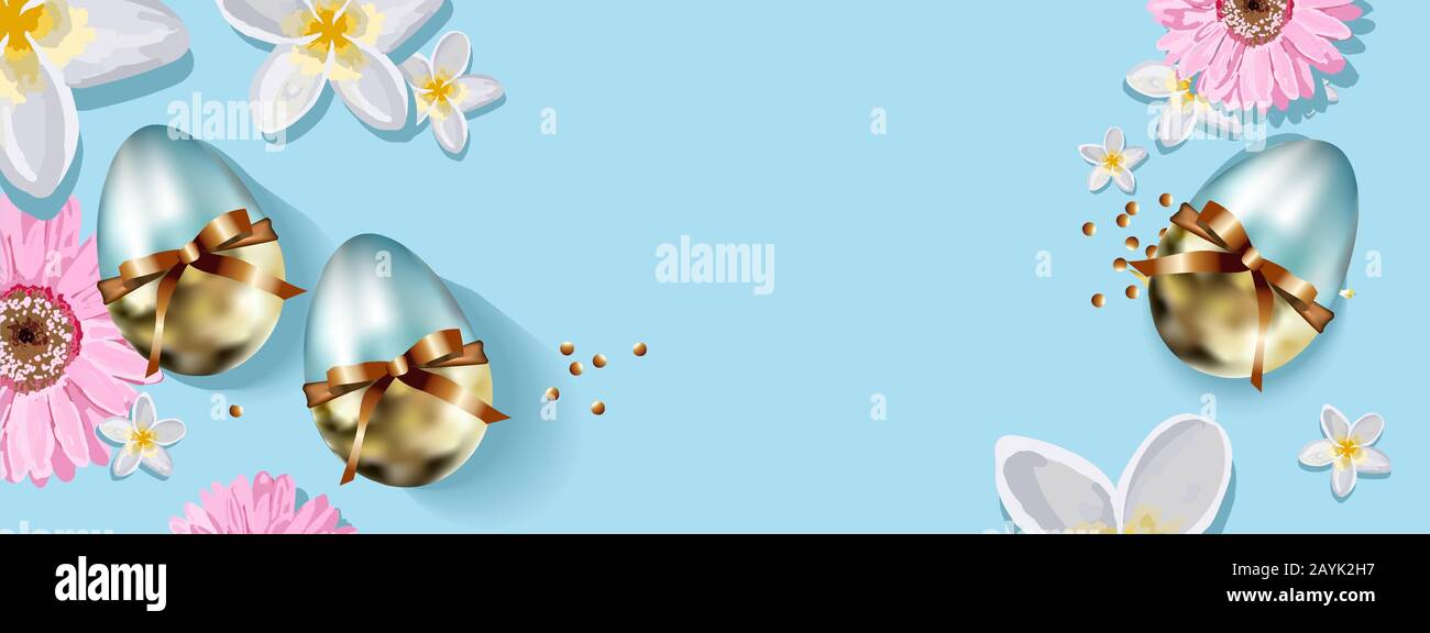 Spring spring background. Decorative elements on a blue background. Easter eggs. Happy easter. Vector illustration. Stock Vector