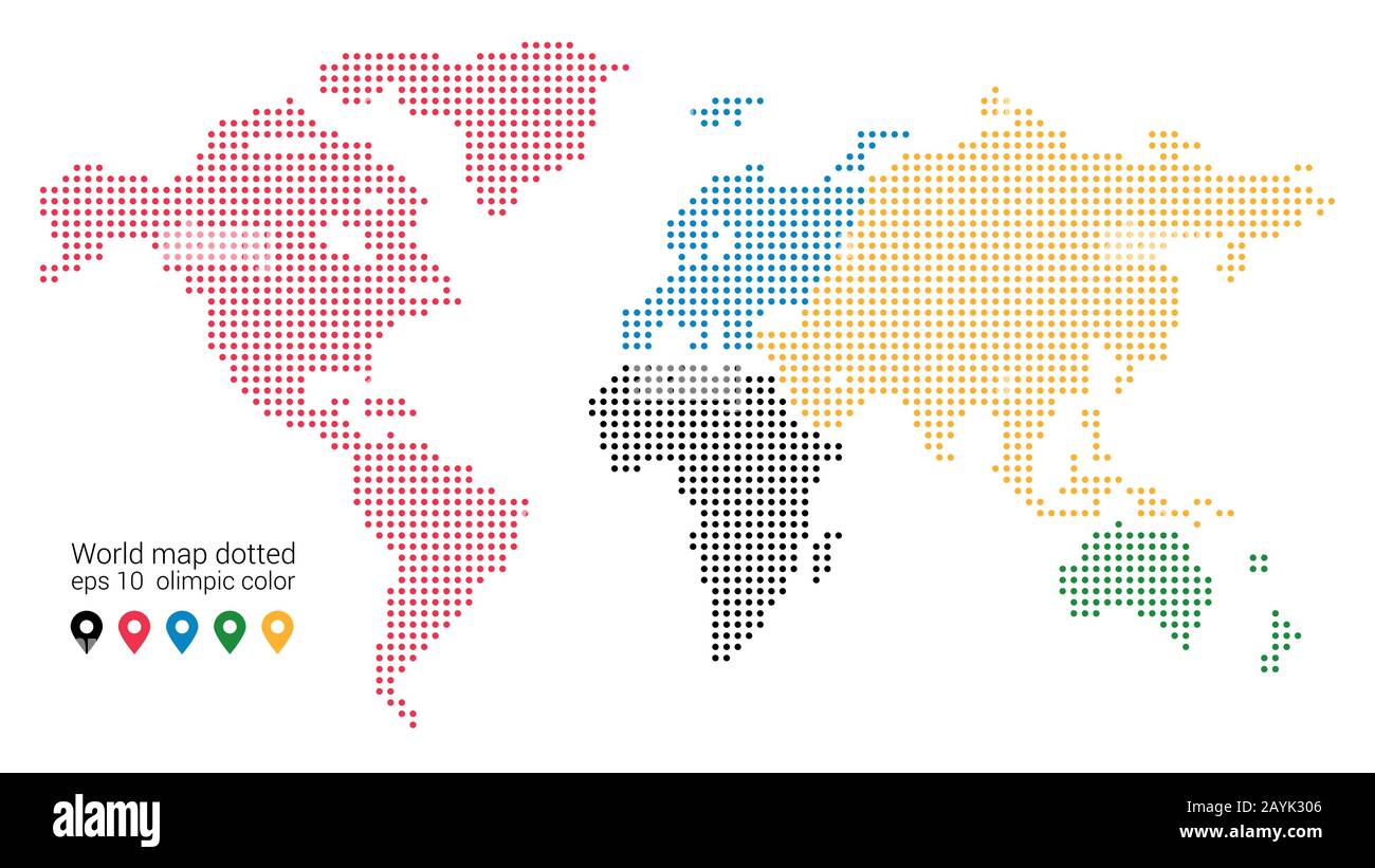 Dots Pattern Vector Map of the World. Stylized Silhouette of the World. Continents are Highlighted in Different Colors Stock Vector