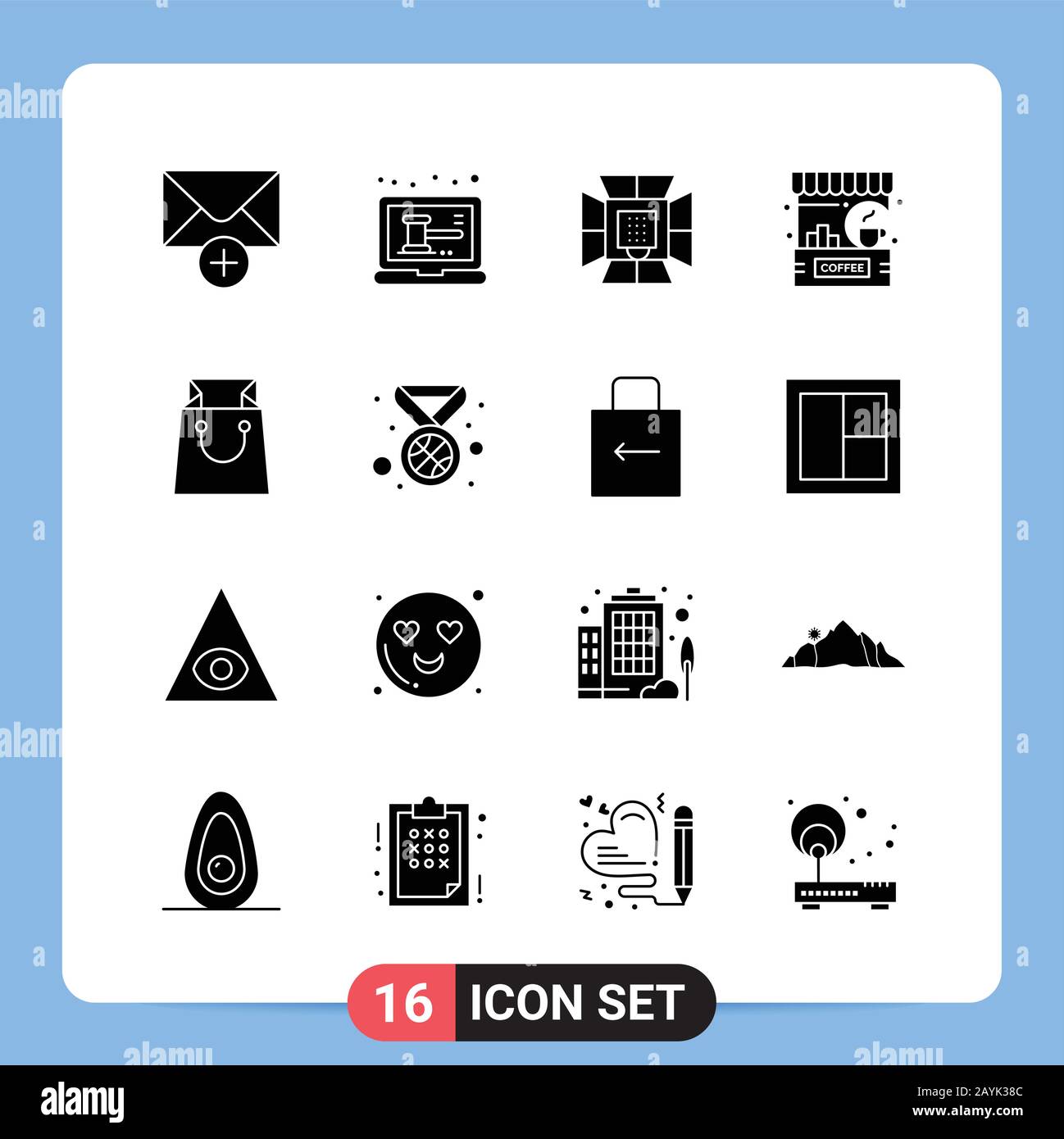 16 Solid Black Icon Pack Glyph Symbols for Mobile Apps isolated on