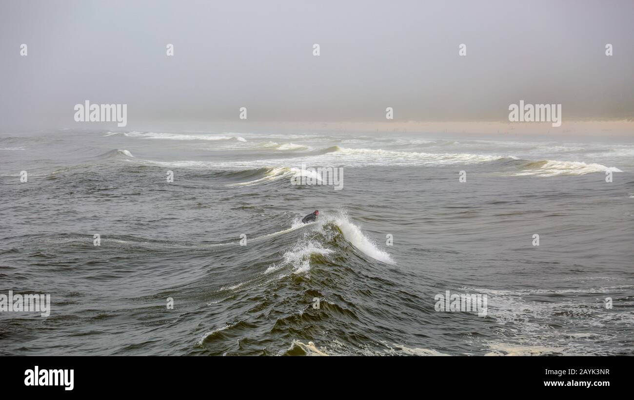 Lonely surfer catching a wave on a cold gloomy day, Oregon coast Stock Photo