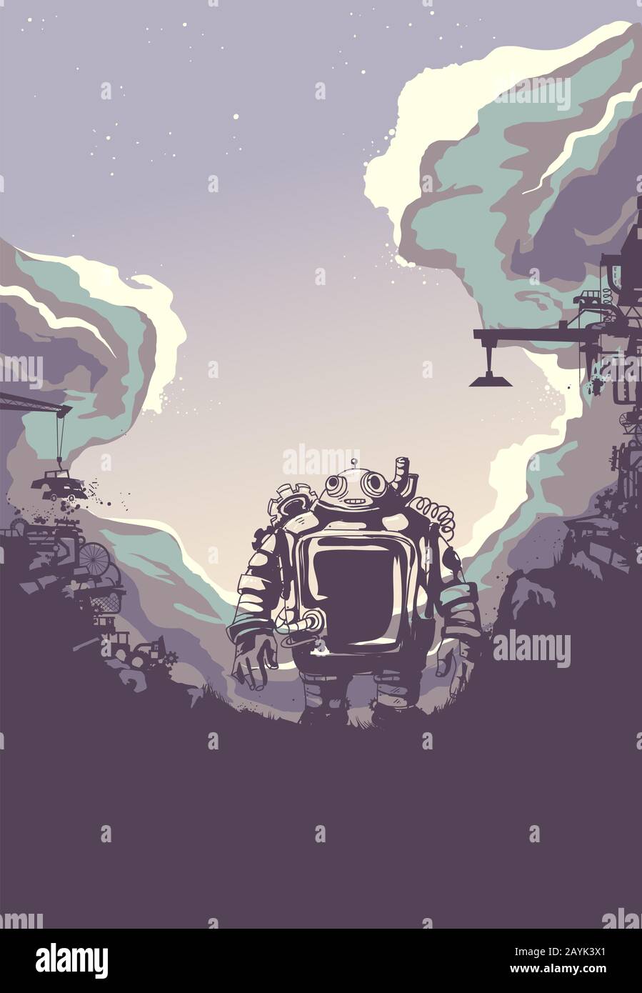 Background Illustration of Junkyard with a Robot Made from Junk Walking