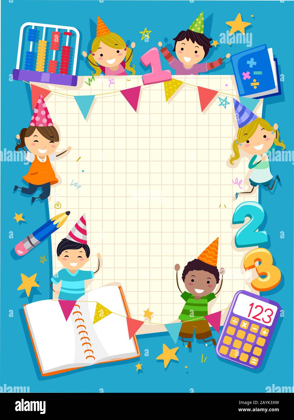 Illustration of Stickman Kids Student Wearing Party Hats with Numbers, Abacus, Calculator, Graphing Paper and Book Stock Photo