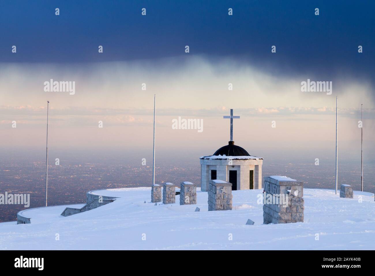 First world war memorial during storm, Italy landmark. Monte grappa,italian alps Stock Photo