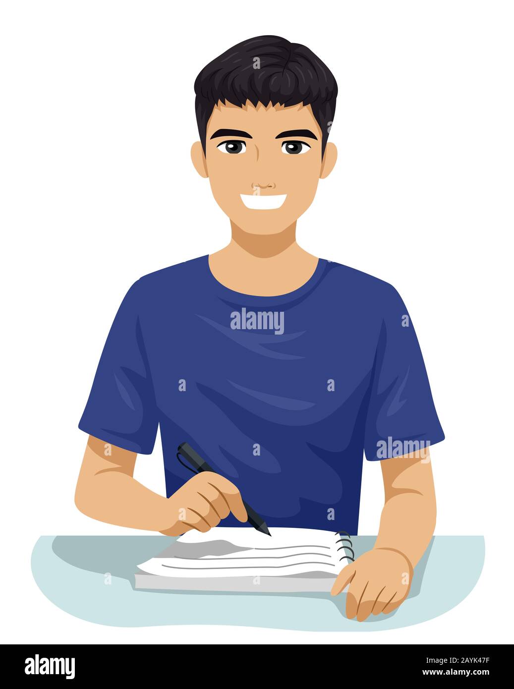 Illustration of a South East Asian Teenage Guy Student Writing Notes and Studying Stock Photo