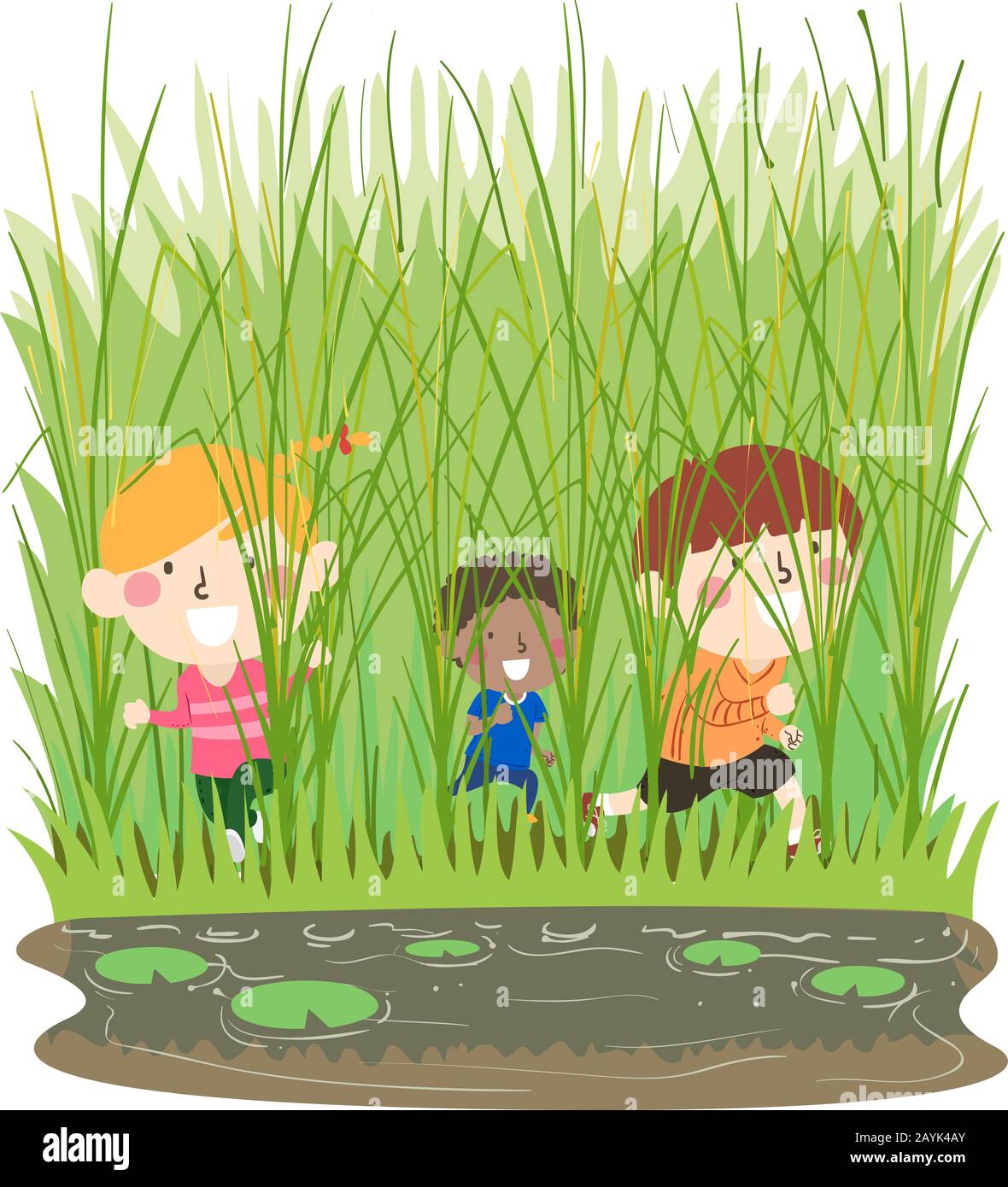 Illustration of Kids Running and Playing Among Tall Grasses in Marsh Stock Photo