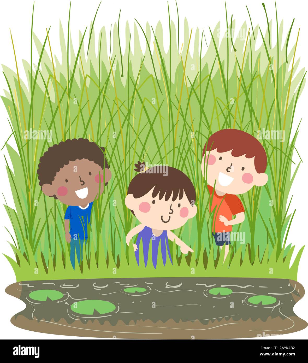 Illustration of Kids Exploring Marsh Landscape with Tall Cordgrass Stock Photo