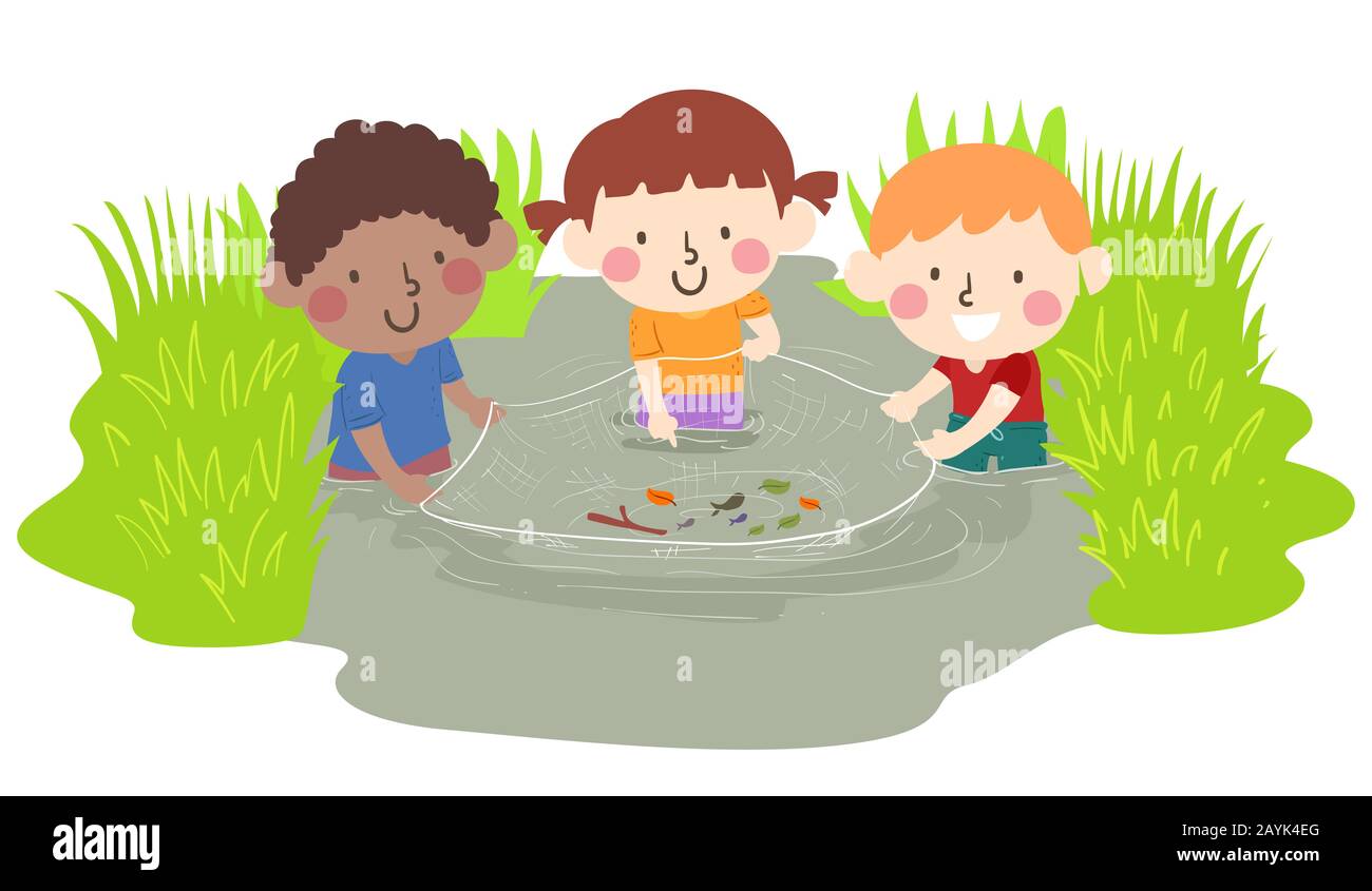 Illustration of Kids Catching Fish Using Net in a Stream or