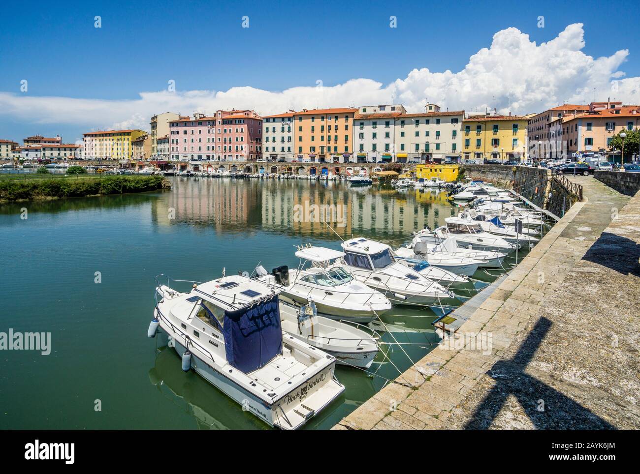 Fosso Reale waterfront of historic Livorno faving the Venezia district of Livorno and Fortezza Nuova, Livorno, Tuscany, Italy Stock Photo
