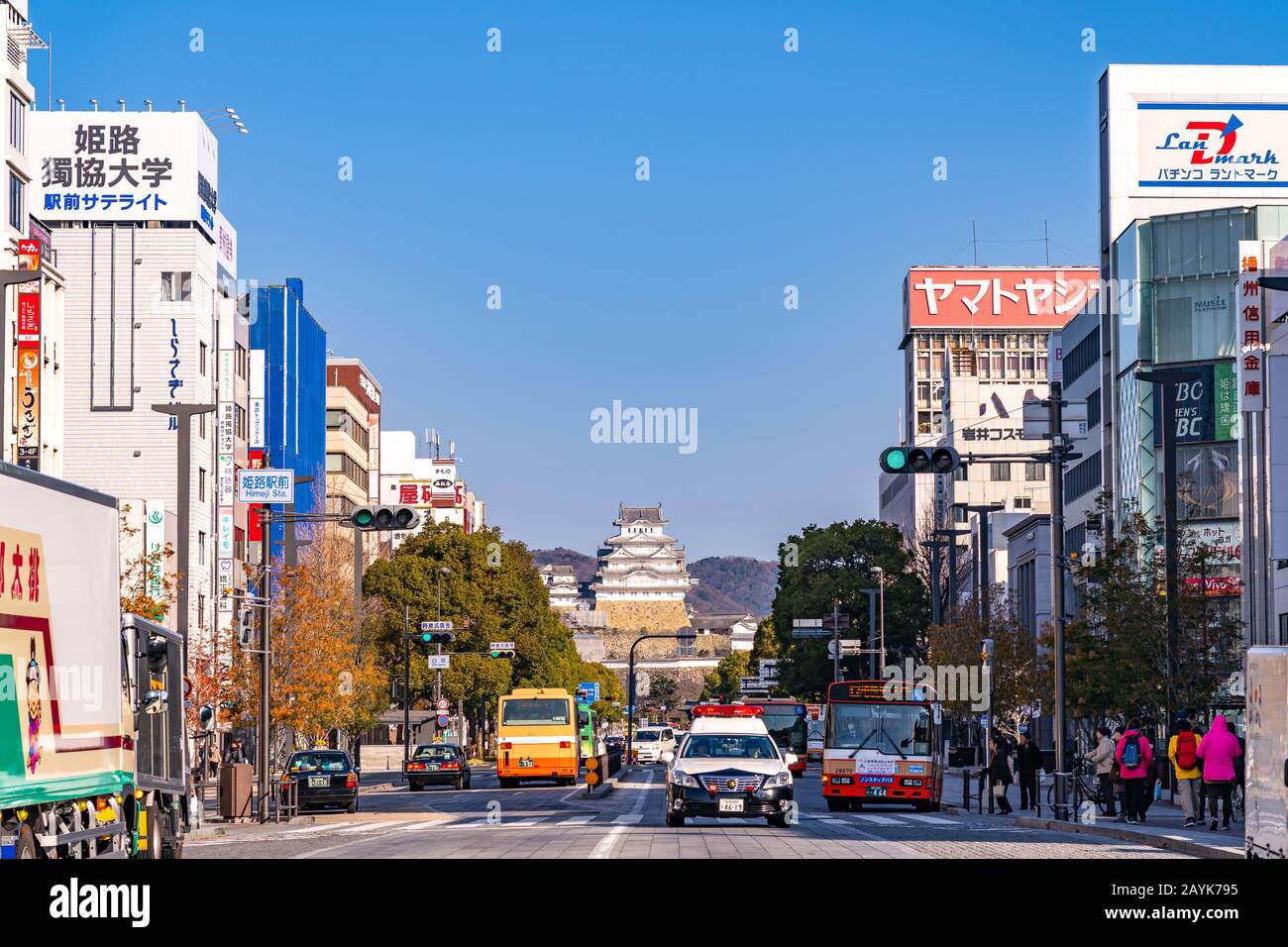 Cityscape of Himeji in sunny day with clear blue sky. popular sightseeing spot in Kansai region. Himeji, Hyogo Prefecture, Japan Stock Photo