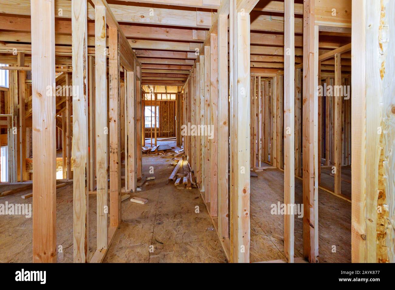 Wood framing beam on new house under construction interior Stock Photo Alamy