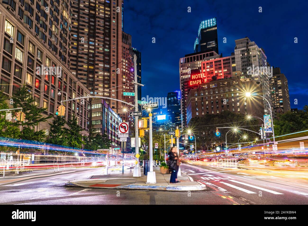 NEW YORK, USA - OCTOBER 09: View of an Upper West Side city street outside Lincoln Square at night on October 09, 2019 in New York Stock Photo
