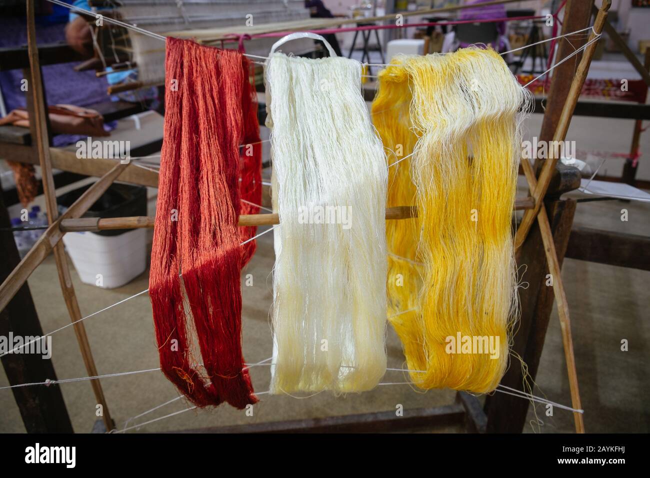 Local colorful Thai traditional silk threads, raw natural material for