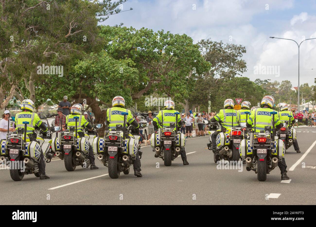 Sandgate Brisbane Australia - 30 March 2018. Queensland motorbike police escorting the runners carring the Queens banner for the Commonwealth Games al Stock Photo