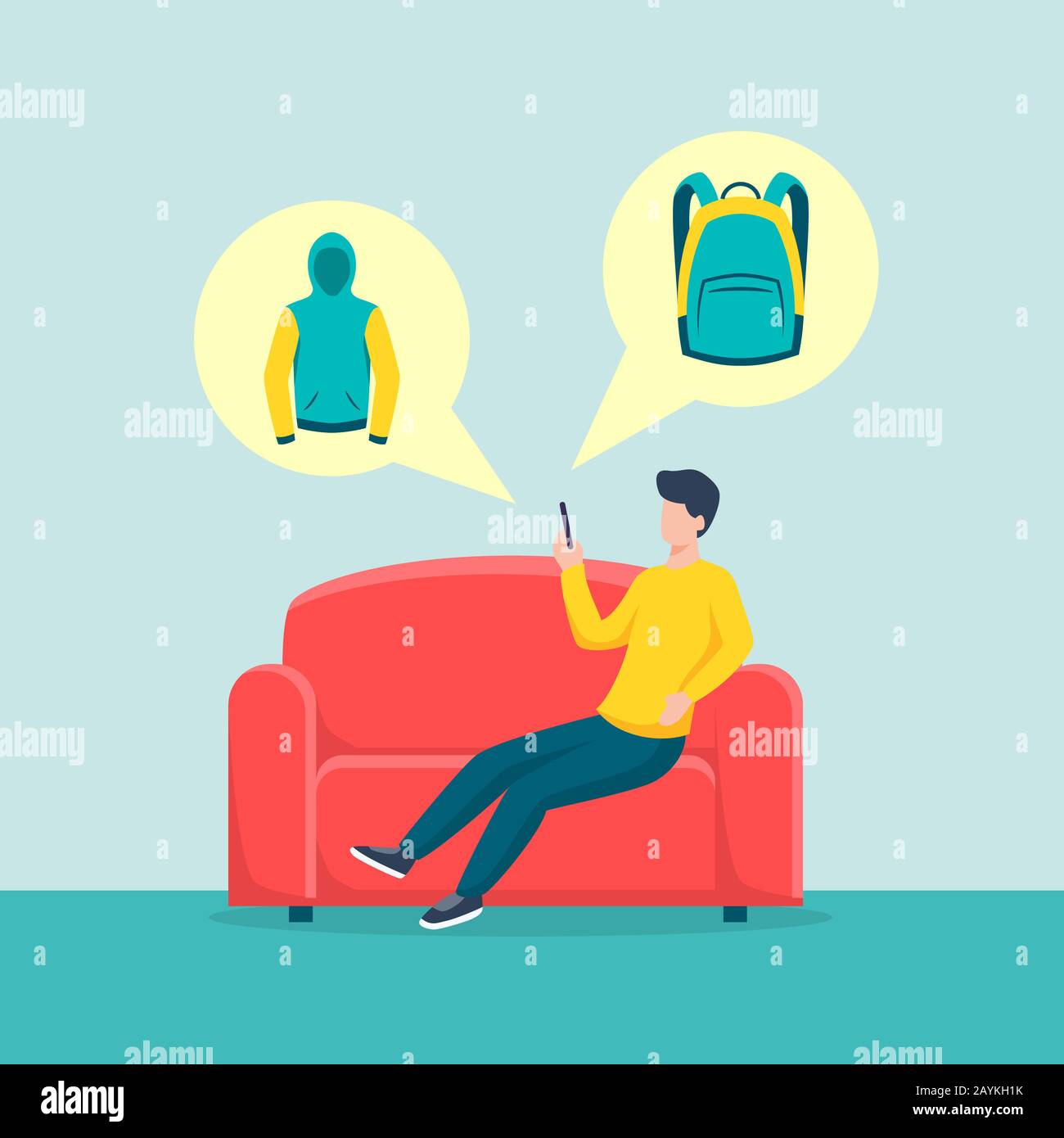 happy man shopping from home with mobile phone ecommerce sit on sofa with  product icon vector Stock Photo - Alamy