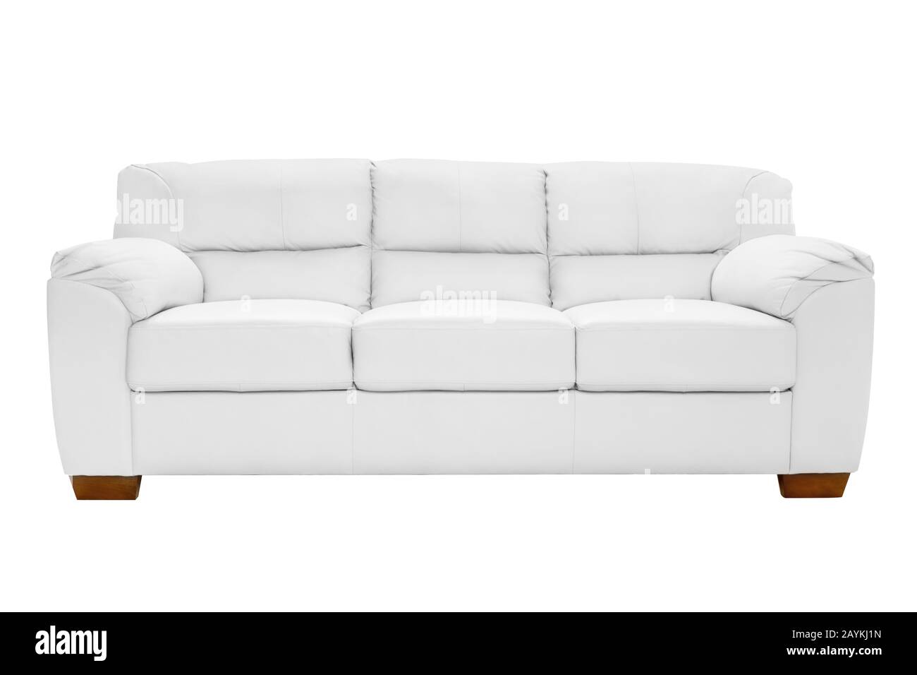 Three seats cozy white leather sofa isolated on white background Stock