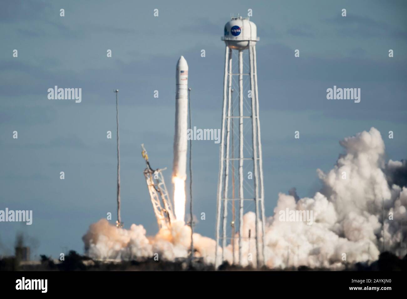 Wallops Island, USA. 15th Feb, 2020. The Antares rocket carrying the Cygnus cargo spacecraft lifts off from NASA's Wallops Flight Facility in Wallops Island, Virginia, the United States, on Feb. 15, 2020. A U.S. rocket was launched on Saturday from NASA's Wallops Flight Facility on Virginia's Eastern Shore, carrying cargo with the space agency's resupply mission for the International Space Station (ISS). Credit: Ting Shen/Xinhua/Alamy Live News Stock Photo