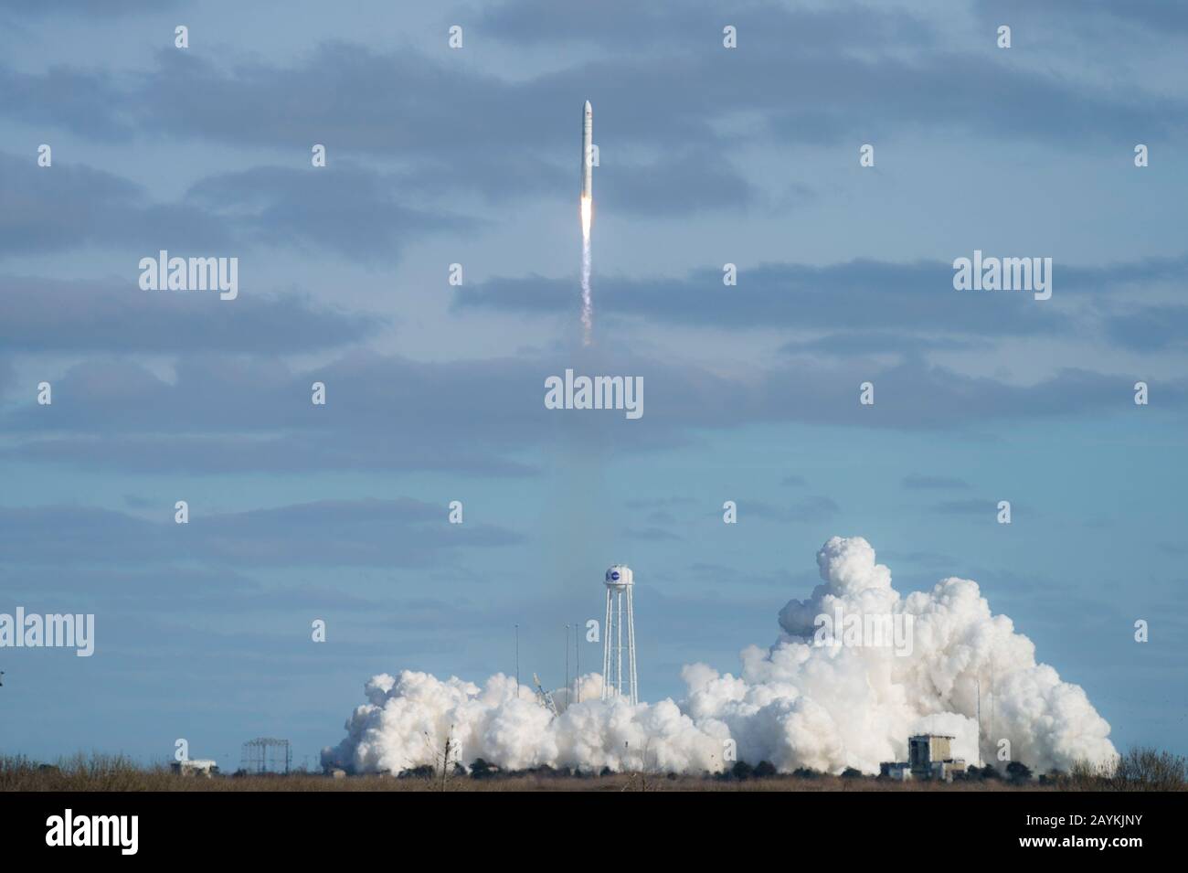 Wallops Island, USA. 15th Feb, 2020. The Antares rocket carrying the Cygnus cargo spacecraft lifts off from NASA's Wallops Flight Facility in Wallops Island, Virginia, the United States, on Feb. 15, 2020. A U.S. rocket was launched on Saturday from NASA's Wallops Flight Facility on Virginia's Eastern Shore, carrying cargo with the space agency's resupply mission for the International Space Station (ISS). Credit: Ting Shen/Xinhua/Alamy Live News Stock Photo
