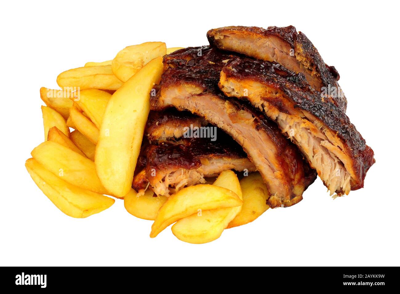 Barbecued pork ribs meal with chips isolated on a white background