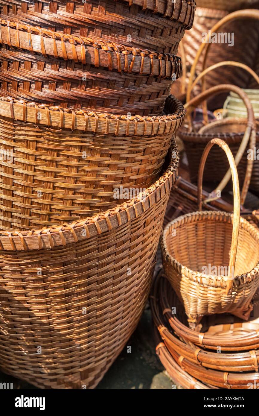 Different rattan weave items in handicraft shop Stock Photo Alamy