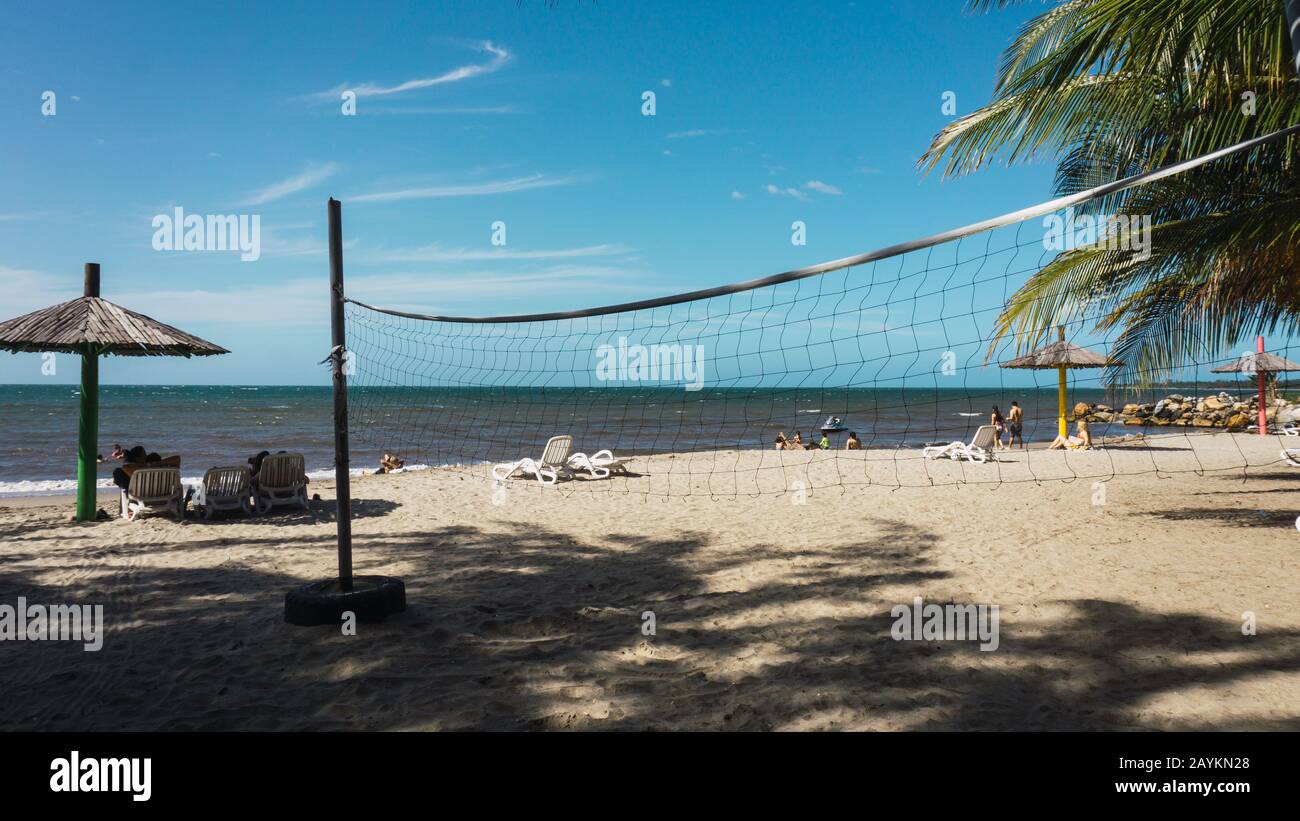 Volleyball field with great sun on the beach with a blue sky Stock Photo