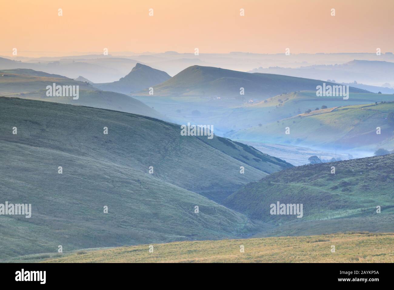 The view towards Parkhouse Hill in the Peak District National Park from Axe Edge. Stock Photo