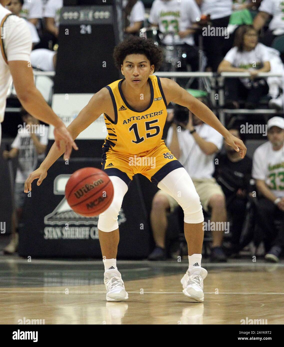 February 15, 2020 - UC Irvine Anteaters guard Jeron Artest (15) defends during a game between the UC Irvine Anteaters and the Hawaii Rainbow Warriors at the Stan Sheriff Center in Honolulu, HI - Michael Sullivan/CSM Stock Photo