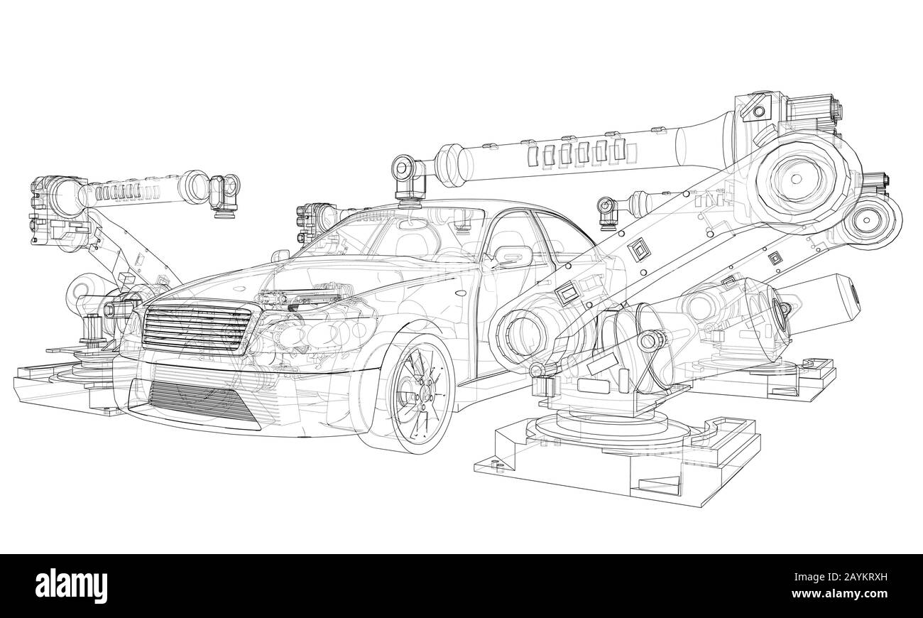 Assembly of motor vehicle. Robotic equipment makes Assembly of car. Blueprint style. Vector rendering from 3D model Stock Vector