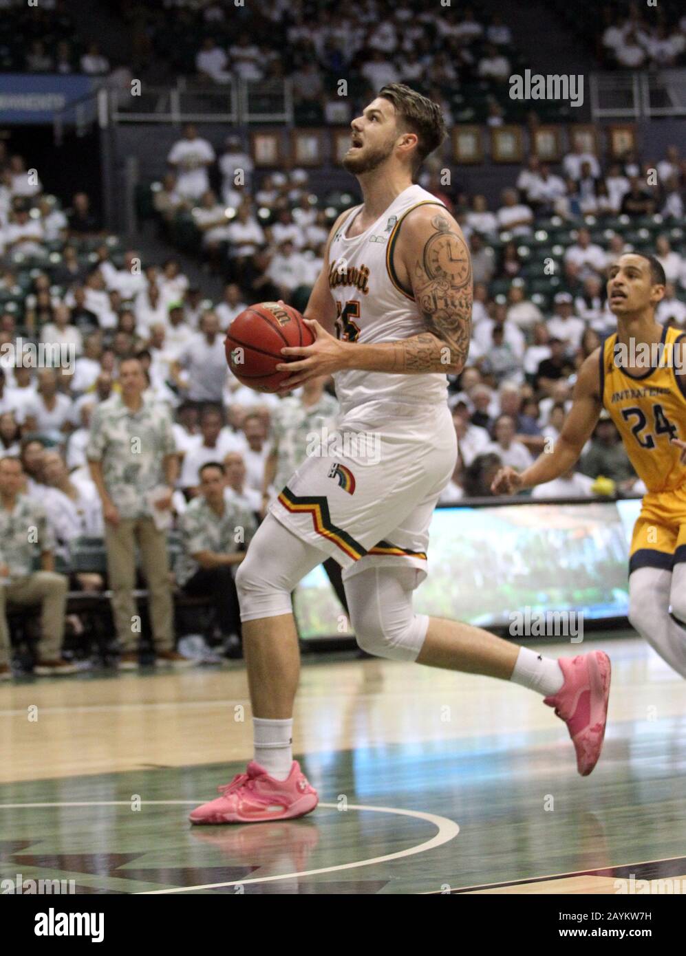 February 15, 2020 - Hawaii Rainbow Warriors forward Owen Hulland (15) goes in for a lay up during a game between the UC Irvine Anteaters and the Hawaii Rainbow Warriors at the Stan Sheriff Center in Honolulu, HI - Michael Sullivan/CSM Stock Photo