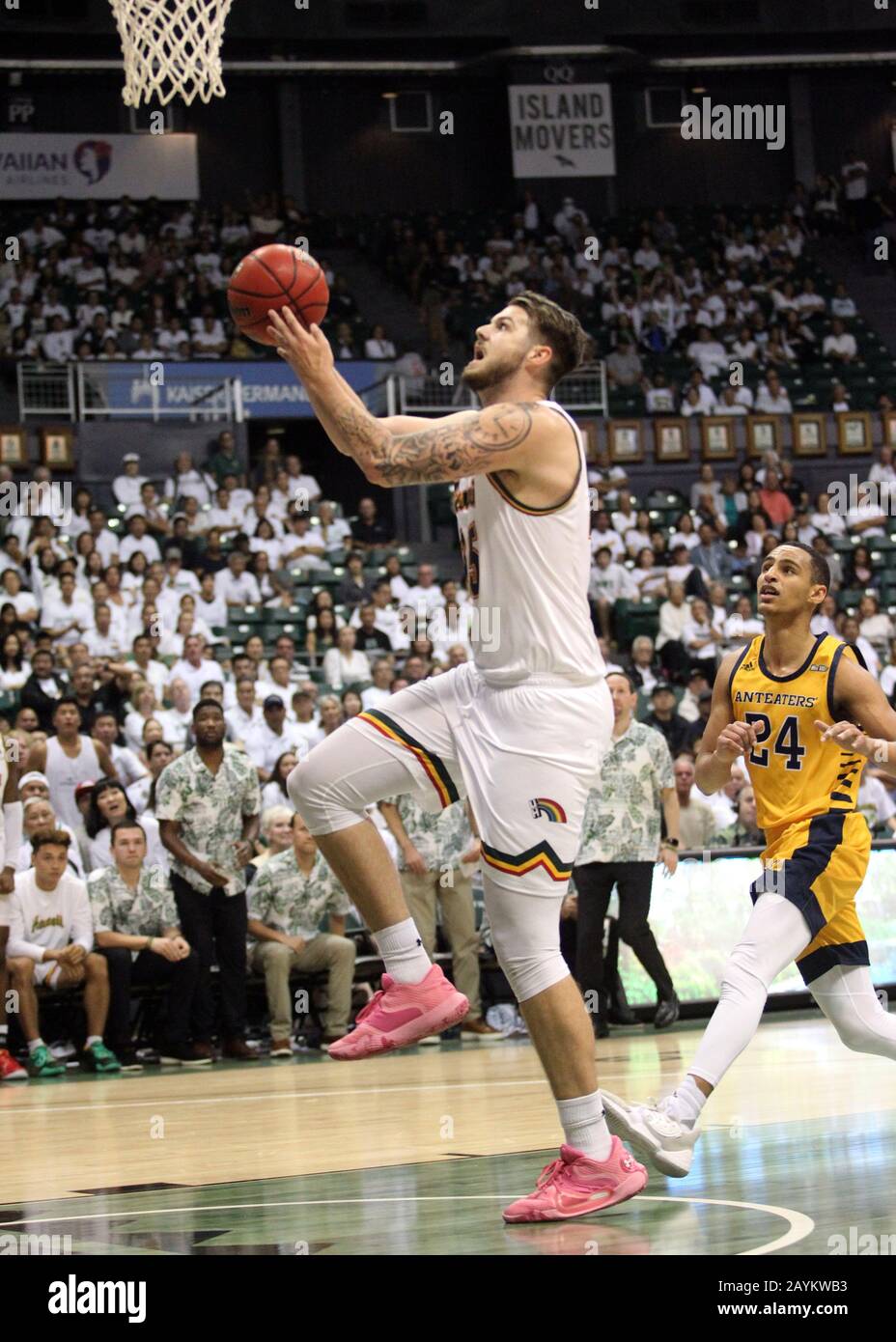 February 15, 2020 - Hawaii Rainbow Warriors forward Owen Hulland (15) goes in for a lay up during a game between the UC Irvine Anteaters and the Hawaii Rainbow Warriors at the Stan Sheriff Center in Honolulu, HI - Michael Sullivan/CSM Stock Photo