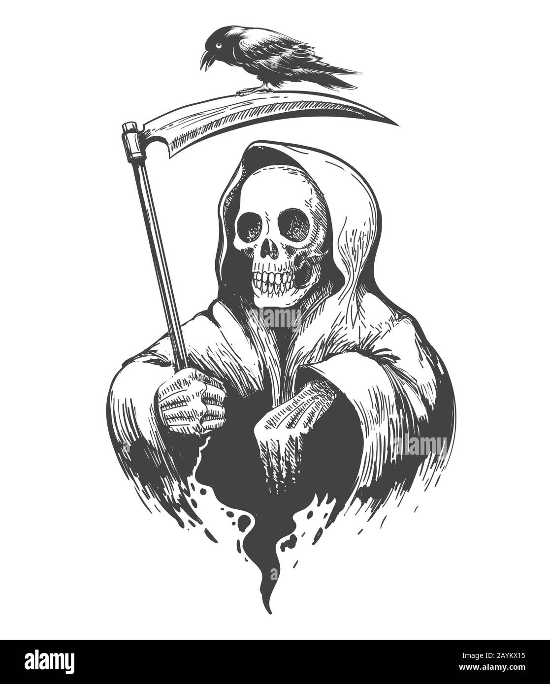 Death Skull in a Hood with Scythe and Crow tattoo. Vector illustration. Stock Vector