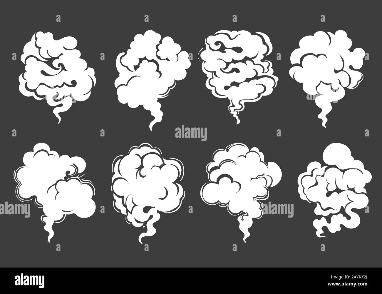 Eight White Clouds of smoke or steam on black background drawn in cartoon style. Vector illustration. Stock Vector