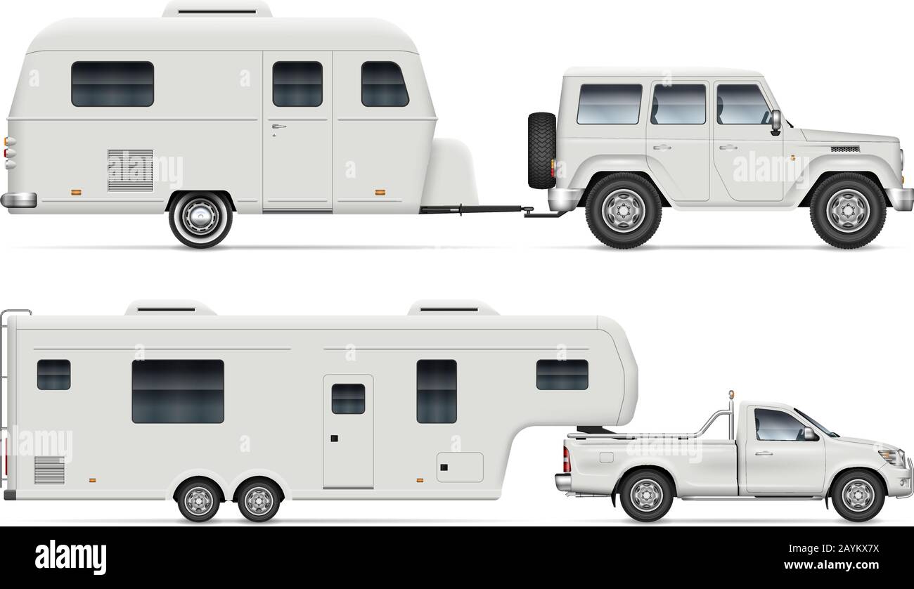Car pulling RV camping trailer on white background. Side view of fifth wheel camper and truck. Isolated pickup with recreational vehicle Stock Vector