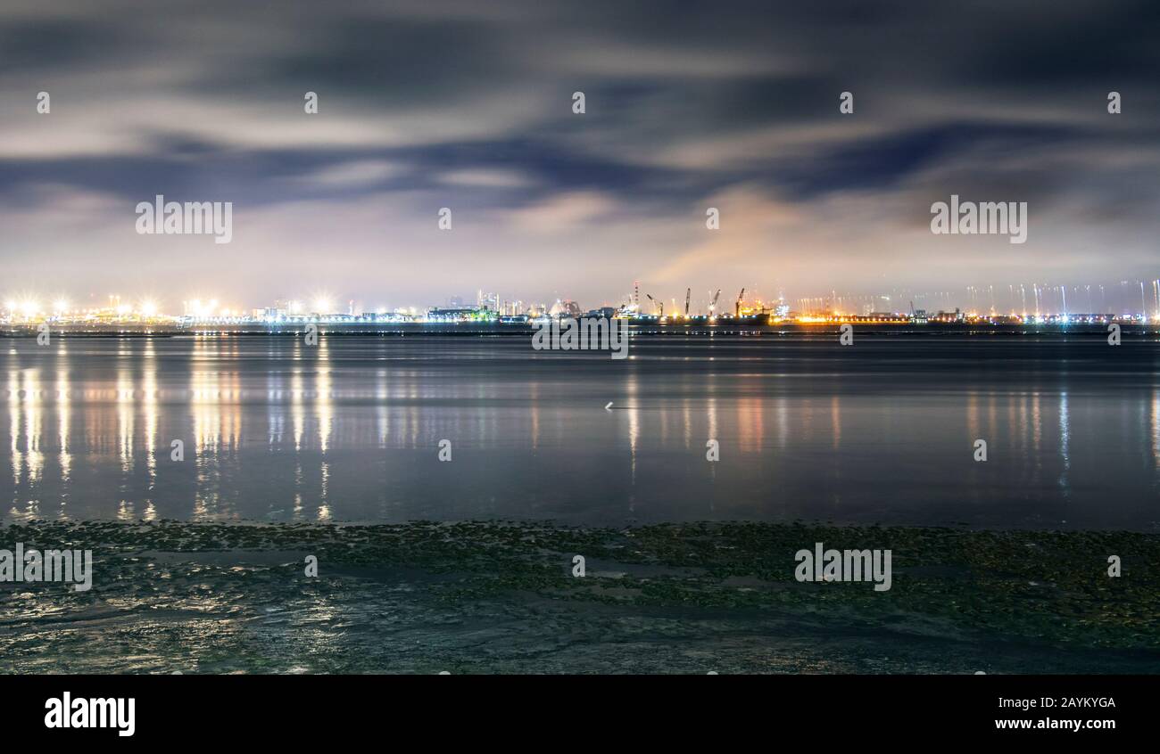 Mainland Penang at night from the Island of Penang Malaysia. Stock Photo