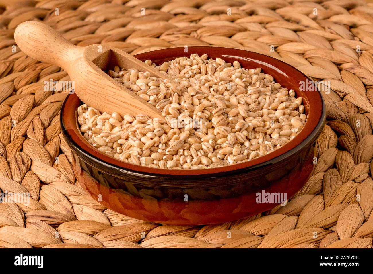 Pearl barley, or pearled barley, in a scoop, in a bowl, with front to back focus. Stock Photo