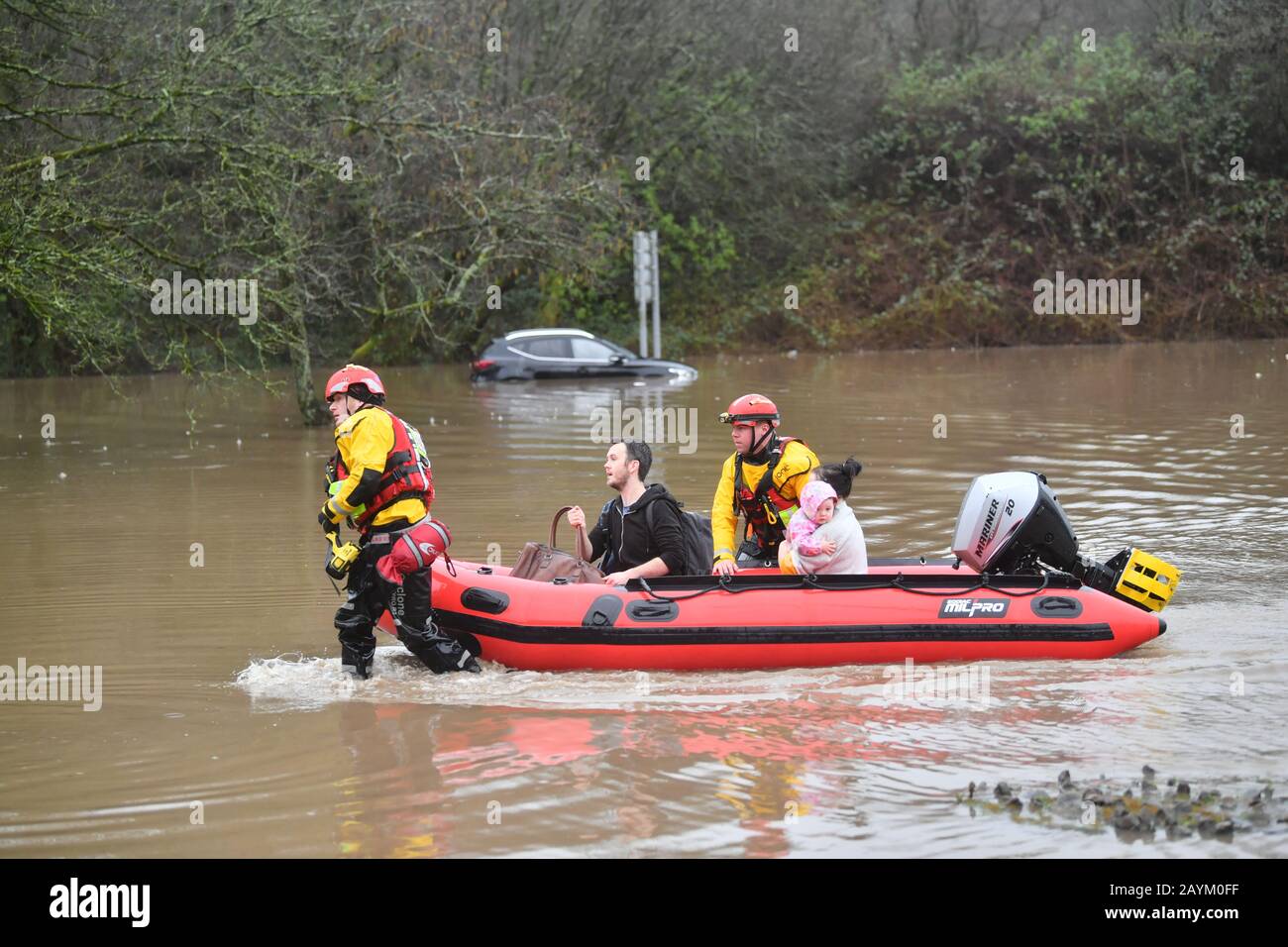 Rescue operations underway after flooding in Nantgarw, Wales after Storm Dennis hit the UK. Stock Photo