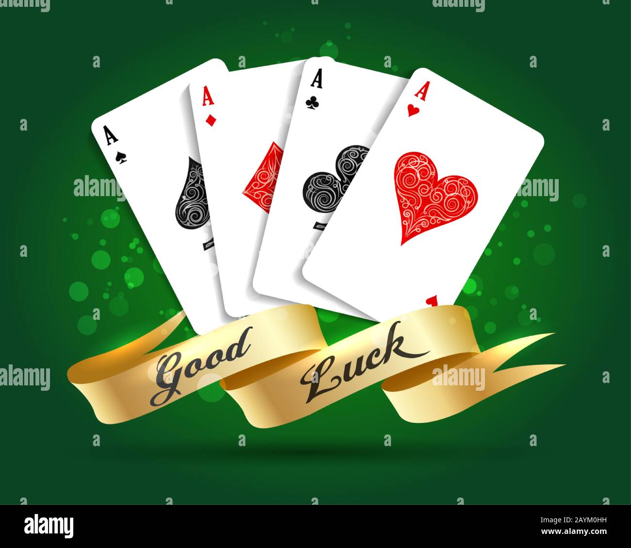 Four aces playing cards spades hearts diamonds clubs and ribbon with wording Good luck. Vector illustration. Stock Vector