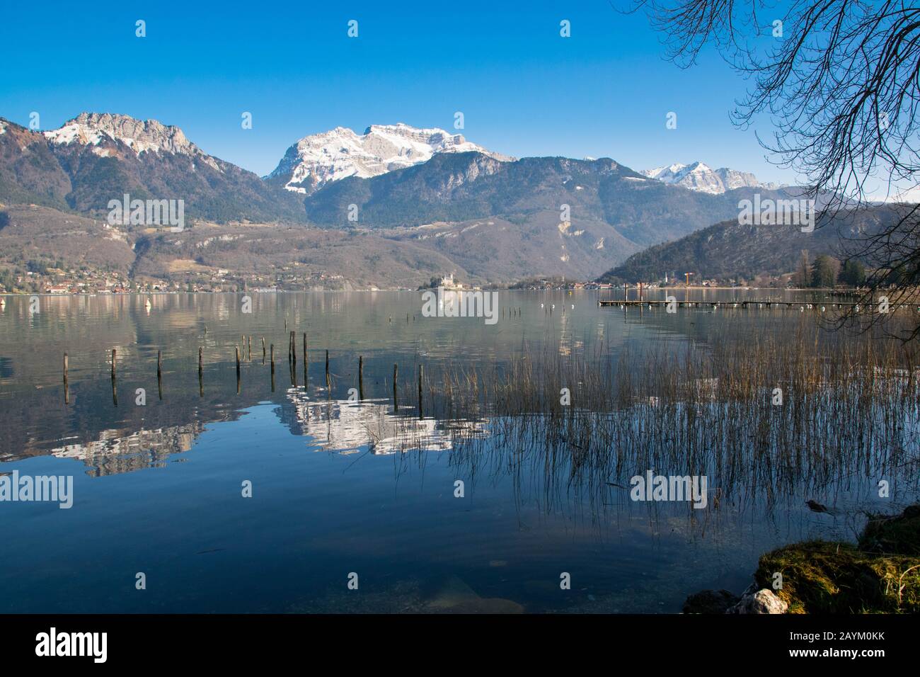 Winter at the Annecy lake in the french alps Stock Photo
