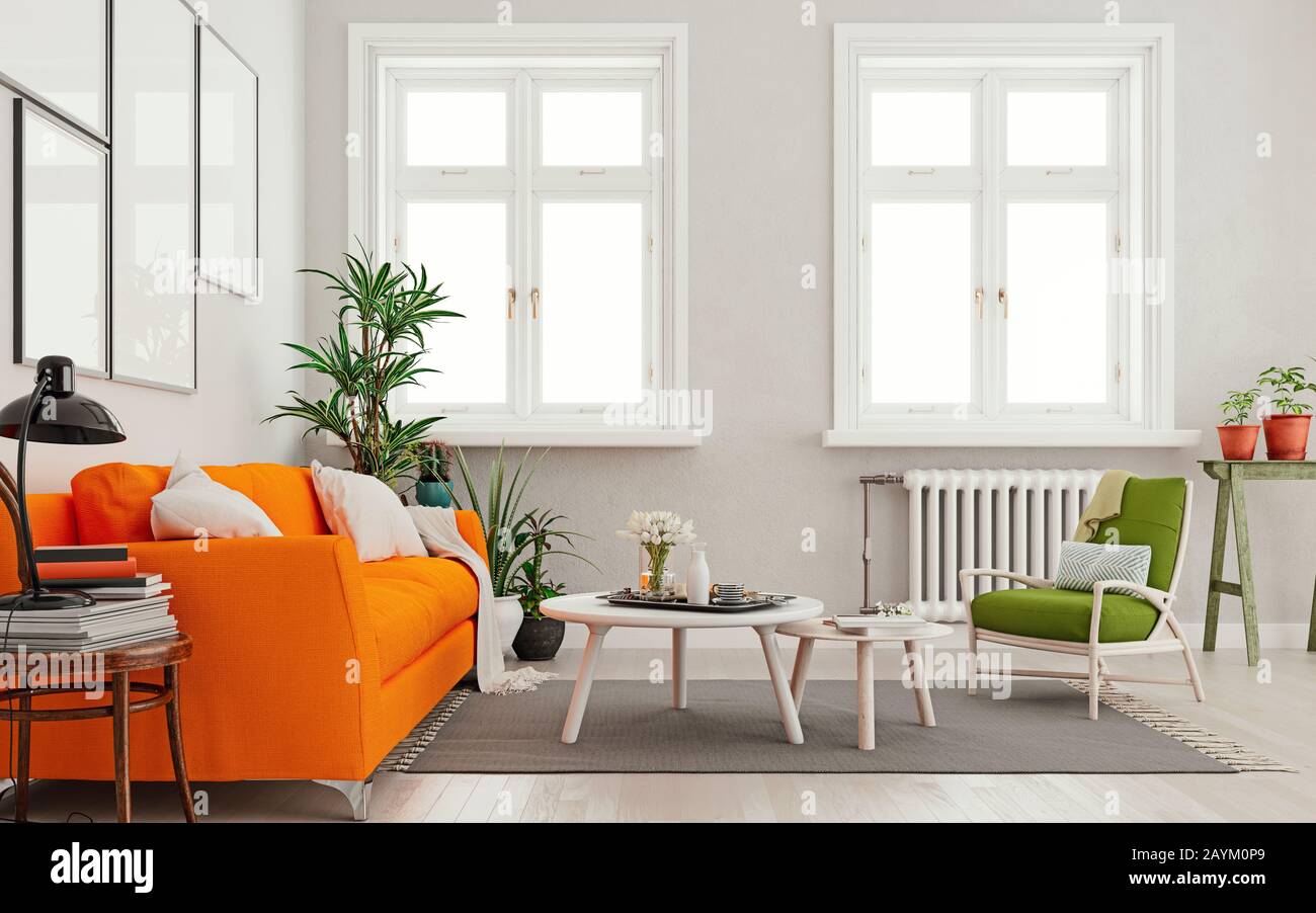 Mock Up Living Room With Orange Sofa