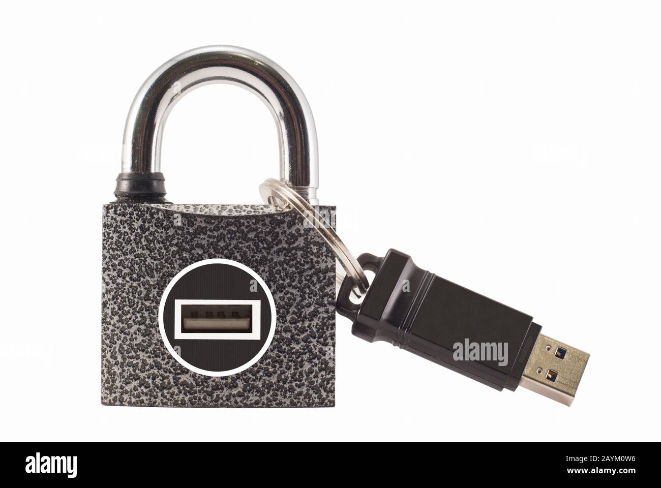 Flash drive and closed lock. Encryption and data security. mystery and