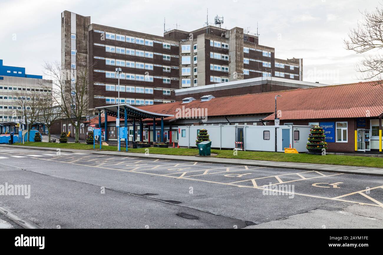 Stockton on Tees, UK.16th February 2020.North Tees Hospital has set up Coronavirus Assessment Pods outside the front entrance to deal with any suspected cases of the virus. Credit: DAVID DIXON / Alamy Stock Photo