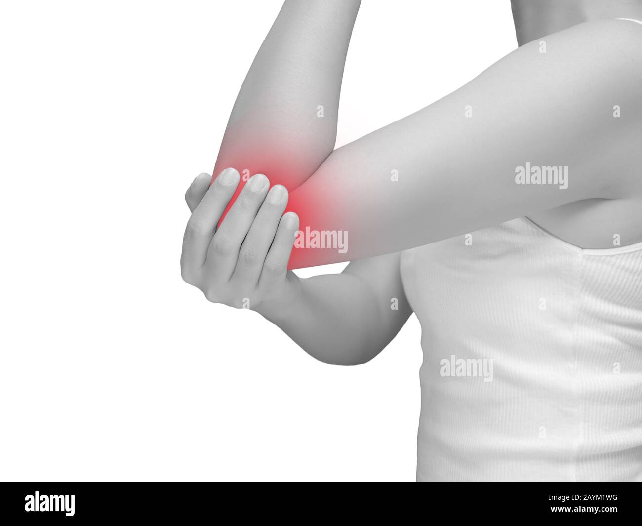 woman suffering from elbow pain, joint pains. mono tone highlight at elbow isolated on white background. health care and medical concept Stock Photo