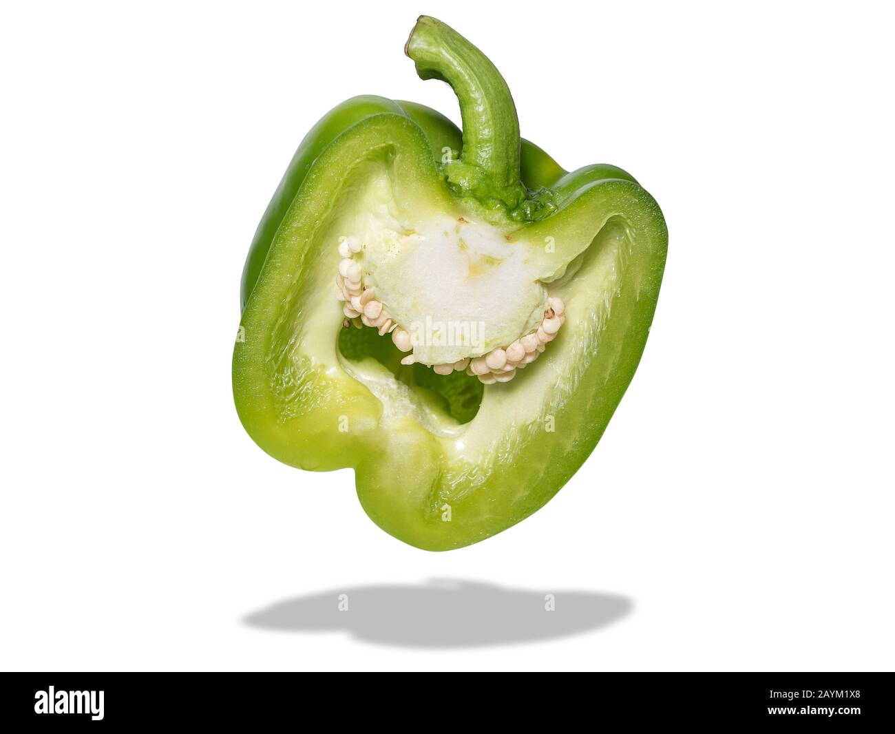 a part of fresh green bell pepper slide isolated on white background with shadow Stock Photo