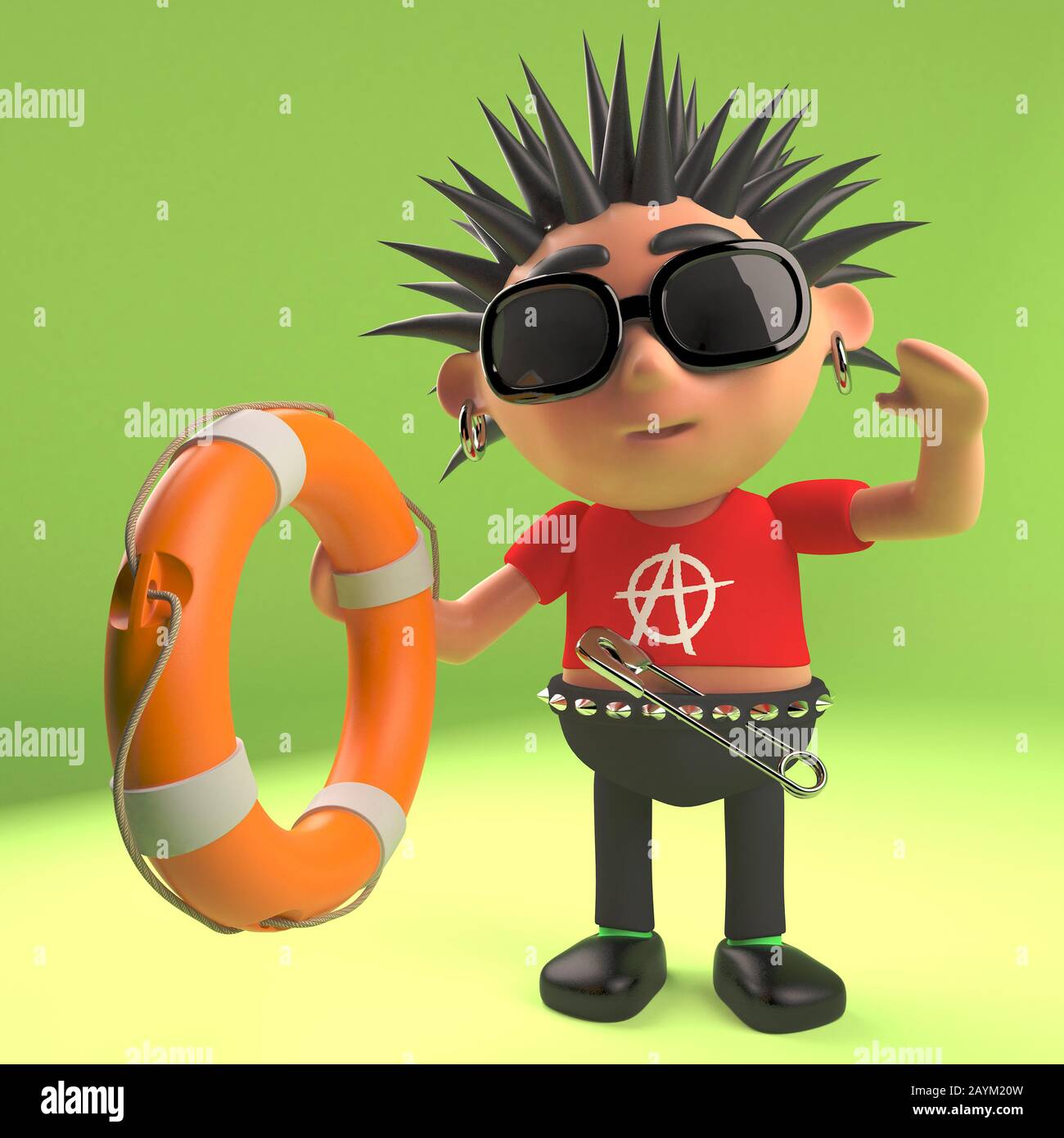 Helpful punk rocker reaches out with a life preserver buoyancy aid, 3d illustration render Stock Photo