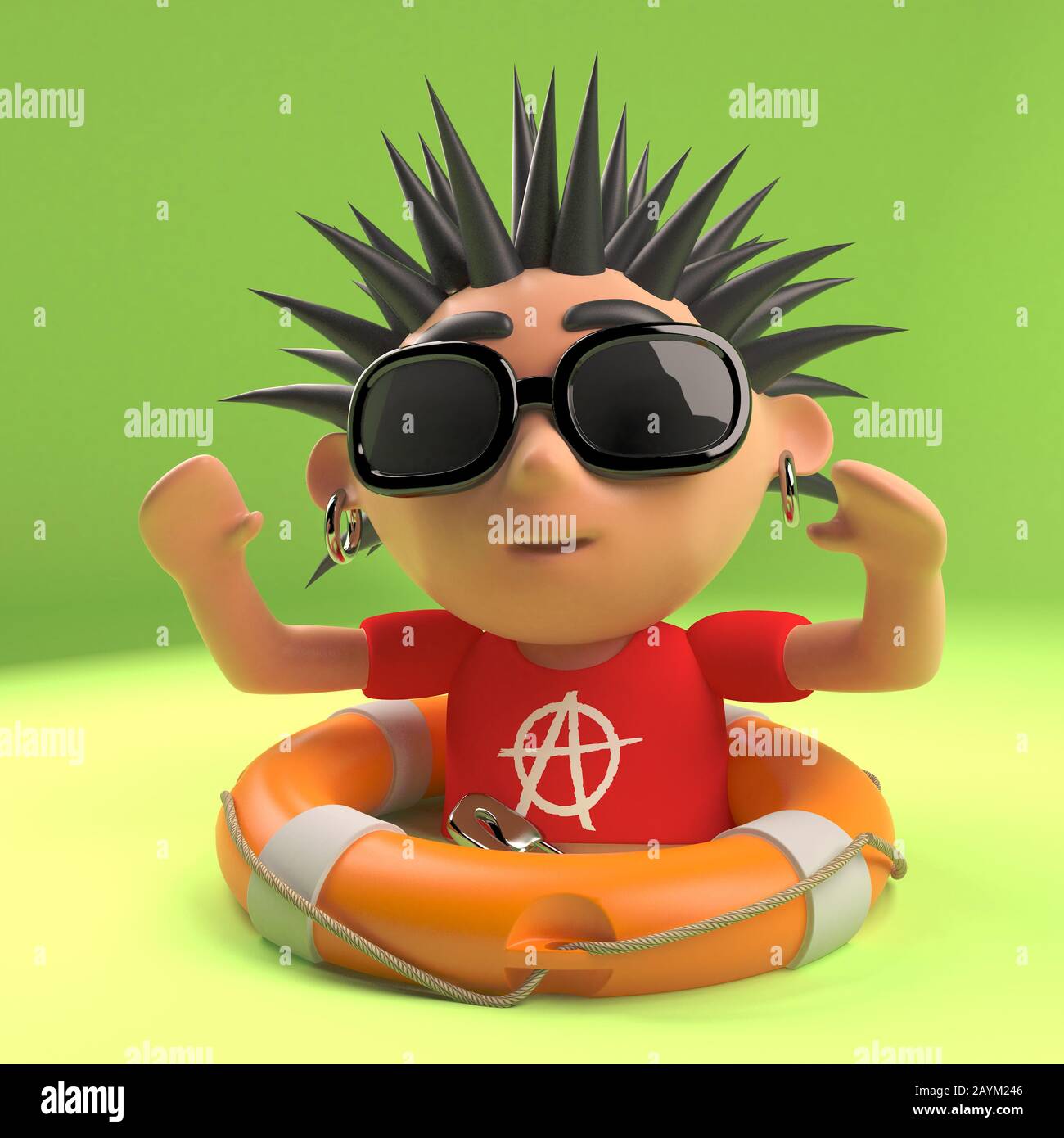Vicious punk rocker has been saved from drowning with a life ring, 3d illustration render Stock Photo
