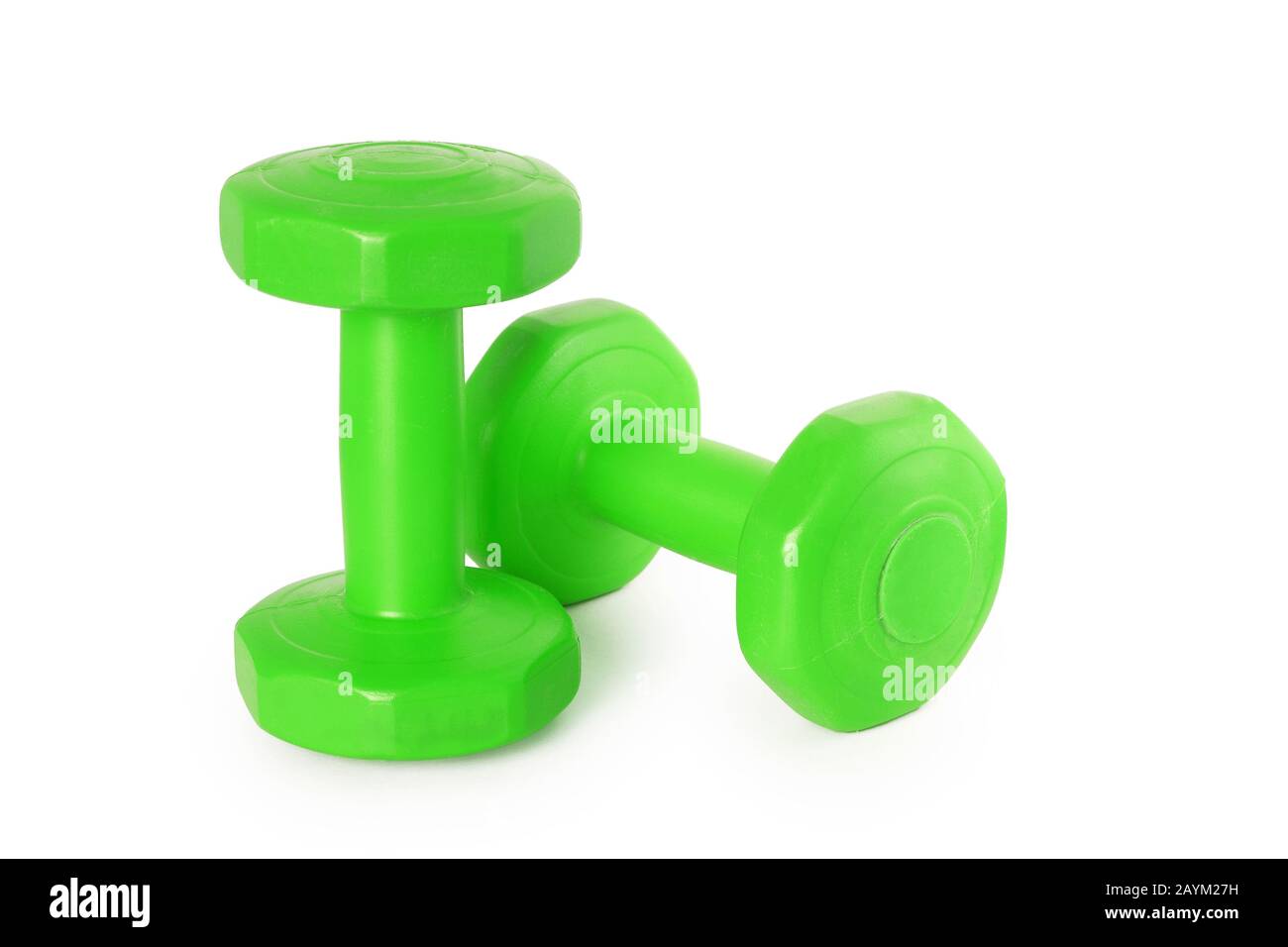 Two of green dumbbells Isolated on white background. sport and fitness equipment concept Stock Photo