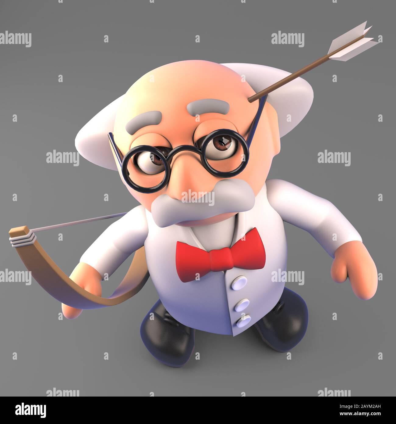 Mad scientist has a flesh wound inflicted by an arrow, 3d illustration render Stock Photo